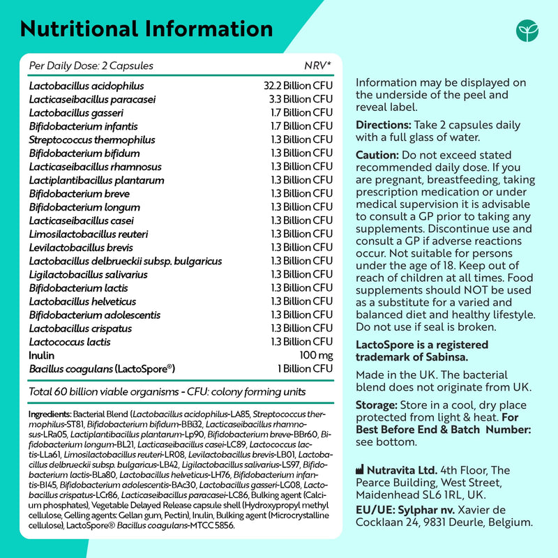 Nutravita 60 Billion CFU Probiotic Cultures, Scientifically Backed Lactospore®, 2 Packs of 60 Vegan Capsules, Enteric Coating to Ensure Probiotics are Delivered Directly to The Gut, Made in the UK 60 count (Pack of 2)