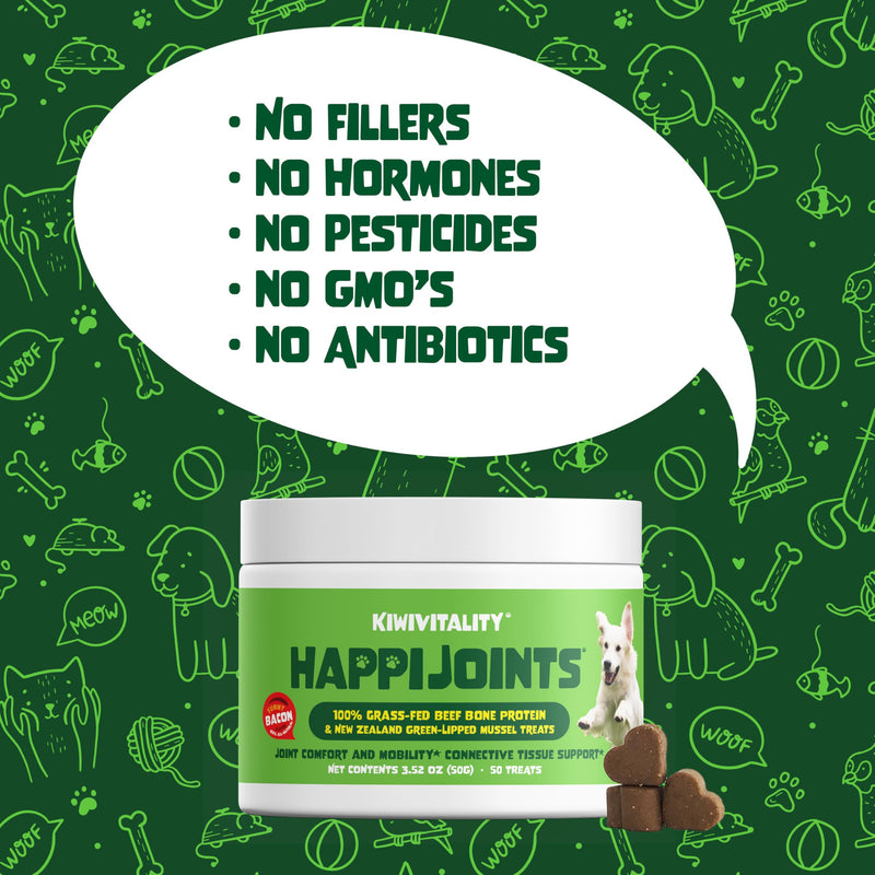 HappiJoints Hip and Joint Supplement Treats for Dogs, Cats • 100% Grass-Fed Beef Bone Collagen New Zealand Green-Lipped Mussels • 50 Treats - PawsPlanet Australia