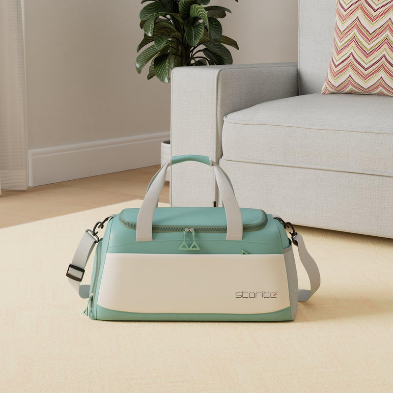 Storite Travel Duffle Bag with Shoe Compartment, Green/White, 51x22x28 cm | Water Resistant Nylon, Lightweight, Multi-Pocket, Wet Pocket, Adjustable Shoulder Strap, Travel, Gym, Weekend Trips