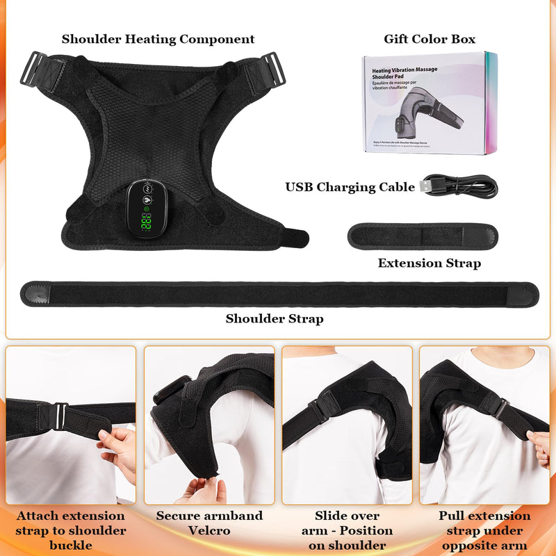 Cordless Shoulder Heating Pad & Massager, Electric Heated Shoulder Brace Wrap, Heating Pads for Rotator Cuff and Frozen Pain Relief,5000mAh Chargeable Powered, Men & Women(Black)
