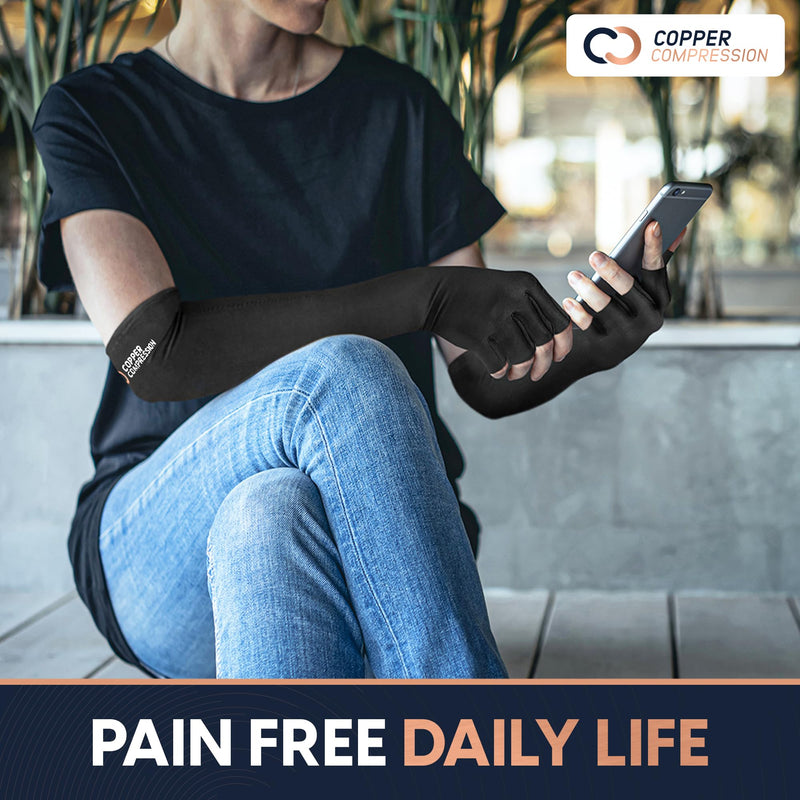 [Australia] - Copper Compression Long Arthritis Pain Relief Gloves - Copper Infused Orthopedic Fingerless Hand Brace for Women, Men - Carpal Tunnel, Computer Typing, RSI, Support Hands, Wrist, Arms - 1 Pair - L Large (Pack of 1) 