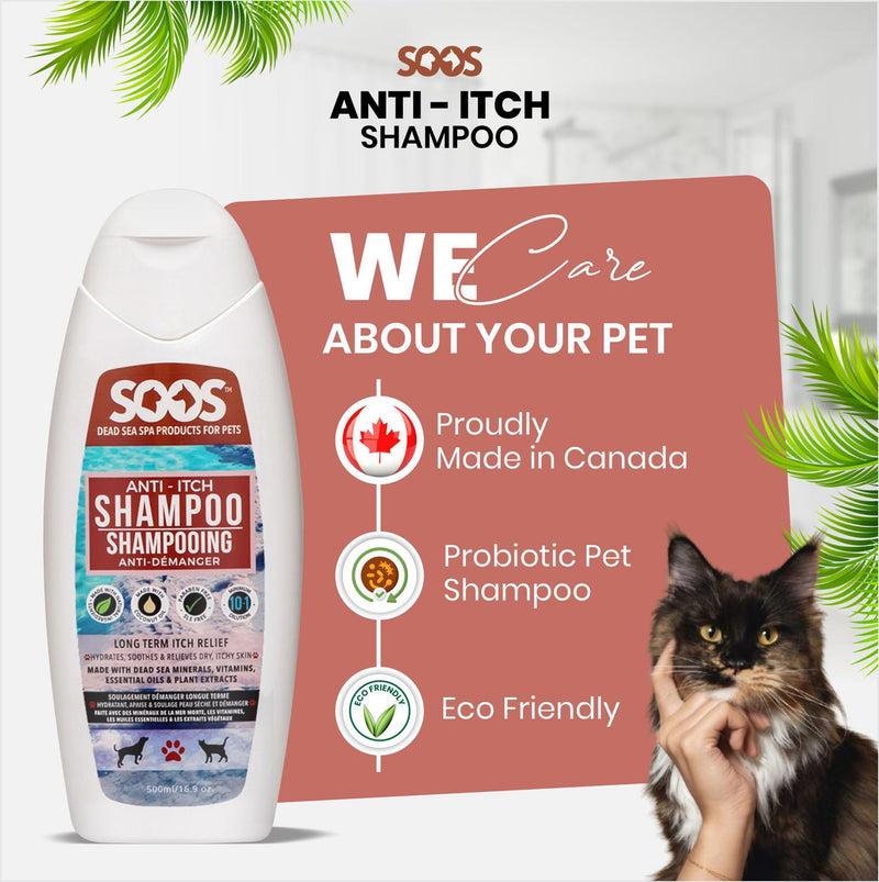 Soos Pet Dog Shampoo for Cats and Pets Anti-Itch Dead Sea Minerals Fast Absorbing Clean Fur with Vitamins Essential Oils Natural Ingredients Antiba-cterial and Antif-ungal - 1x Pet Shampoo (500ml) - PawsPlanet Australia