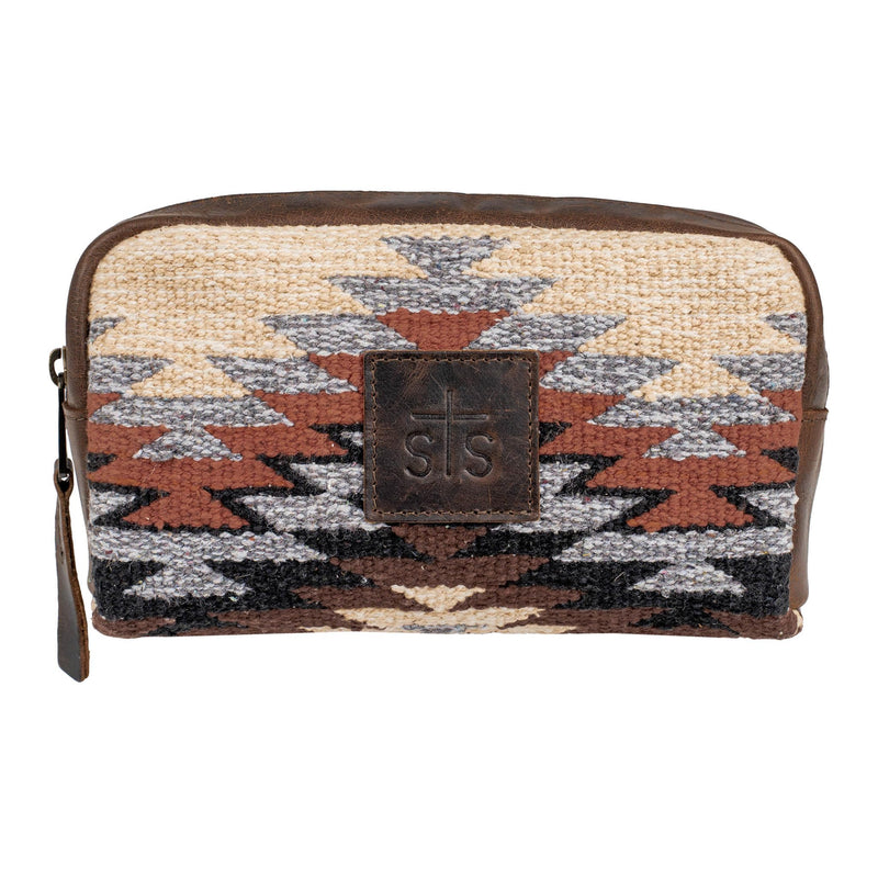 STS Ranchwear Guadalupe Serape Cosmetic Bag, Western Handwoven Cotton with Leather Trim, Aztec Pattern, Brown and Cream, 9.5 x 3.5 x 7.5 Inches