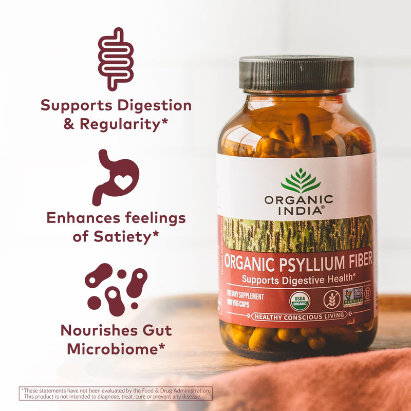 [Australia] - ORGANIC INDIA Psyllium Herbal Powder - Whole Husk Fiber, Healthy Elimination, Keto Friendly, Vegan, Gluten-Free, USDA Certified Organic, Non-GMO, Soluble & Insoluble Fiber Source - 180 Capsules 180 Count (Pack of 1) 