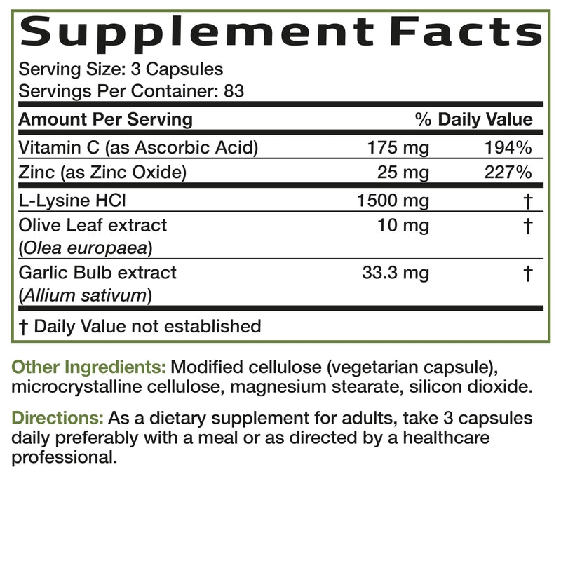 Bronson L-Lysine Defense Immune Support Complex, 1500 mg, 250 Capsules | Essential Amino Acid with Olive Leaf, Garlic, Vitamin C & Zinc, Vegetarian, Non-GMO, Gluten-Free & Soy-Free 250 Count (Pack of 1)