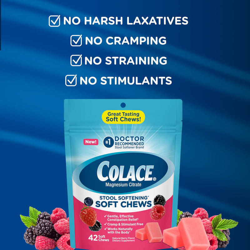 [Australia] - Colace Stool Softener Soft Chews, Gentle Constipation Relief, No.1 Doctor Recommended Stool Softener Brand, 42 Mixed Berry Chews (Pack of 2) 42 Count (Pack of 2) 
