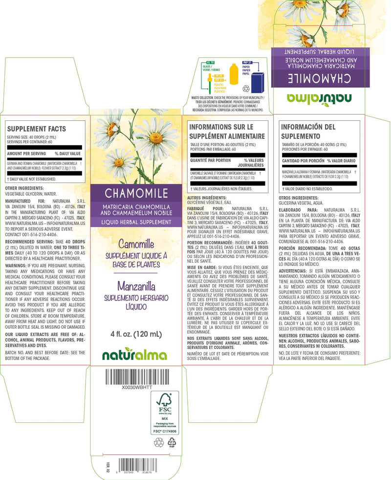 [Australia] - Naturalma German and Roman Chamomile (Matricaria chamomilla and Chamaemelum nobile) flower Alcohol-free Tincture - 4 fl oz Liquid extract in drops - Herbal supplement - Vegan 4 Fl Oz (Pack of 1) 