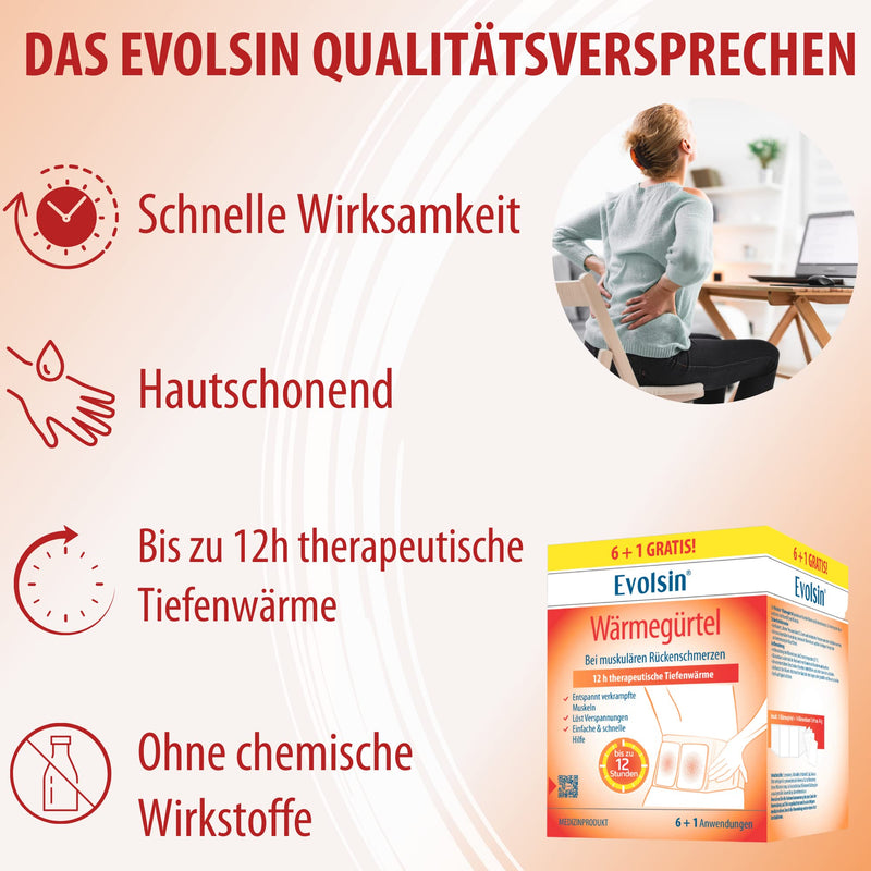 [Australia] - Evolsin® heat belt - 12 hours of therapeutic deep heat for muscular back pain - heat plaster alternative - kidney warmer ready for immediate use - heat compresses without chemicals (6+1 applications) 7 applications 