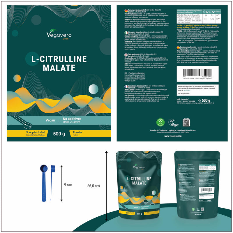 Vegavero L Citrulline Malate 2:1 | 10,000 mg Daily Dose | 100% Pure | NO Additives | Unflavoured | Lab-Tested | Vegan | 500 g Pre Workout Powder