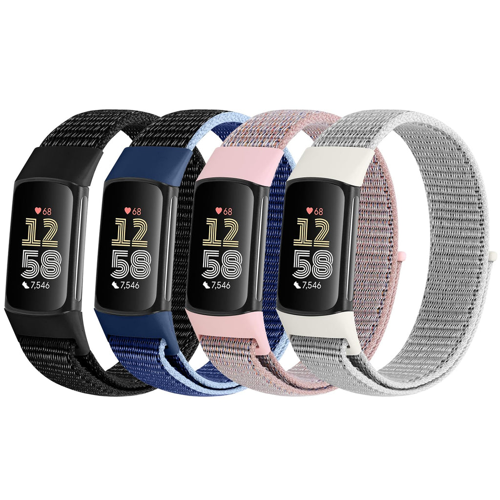 4 Pack Nylon Watch Bands Compatible with Fitbit Charge 6/Fitbit Charge 5, Adjustable Breathable Replacement Nylon Wristband Fitbit Charge 5 Charge 6 Sport Strap for Women Men Black+New Midnight Blue+Pink Sand+Sea Shell