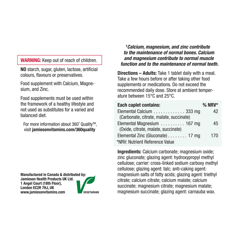 Jamieson Calcium Magnesium + Zinc, for Healthy Bones, Healthy Teeth, Muscle Function, Immune Function, Vegetarian, Gluten Free, Lactose Free, Bonus Size, 200 Caplets, 1 a Day Formula