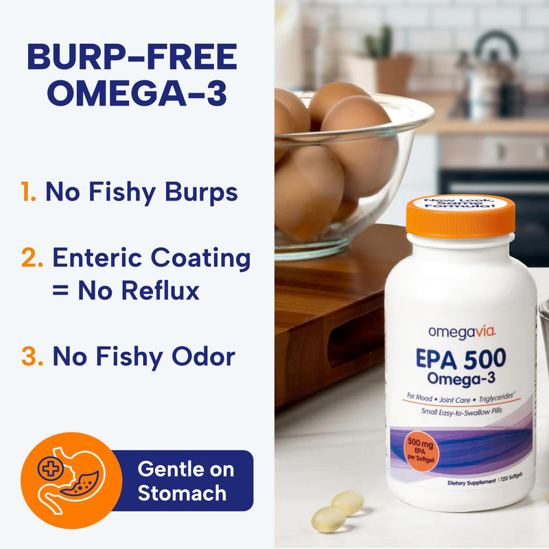 OmegaVia EPA 500 mg, Purified Omega 3 Fish Oil, Burpless (120 Softgels) | High EPA in Triglyceride Form, Mood, Brain & Joint Support, Non-GMO Gluten-Free, Easy to Swallow, IFOS 5-Star, 120-Day Supply 120 Count (Pack of 1)