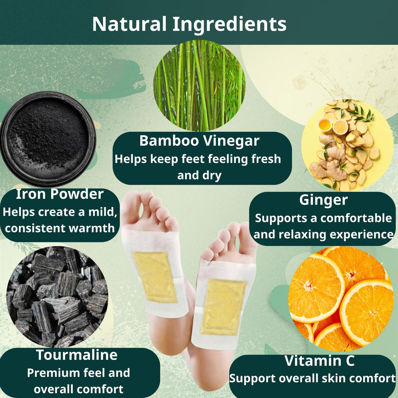 Deep Cleansing Foot Pads - Natural Herbal Patches for Foot Care - 10 Night Foot Patches with Bamboo Vinegar & Ginger - Refreshing & Soothing Foot Care, Up to 8 Hours of Long-Lasting Adhesion