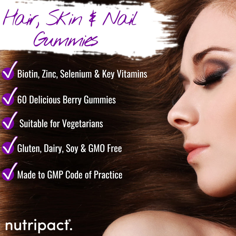 Hair, Skin & Nail Beauty Gummies - Biotin, Zinc, Vitamin D3, Selenium, Vitamin C - 60 Vegetarian Berry Chewable Vitamins - Multivitamins & Minerals Supplement - Gluten, Dairy, Soy & GMO Free