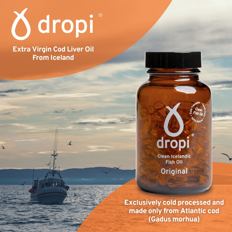 Dropi Icelandic Fish Oil - Extra Virgin Cod Liver Oil (EVCLO) - Natural Source of Vitamin A & D3 - Cold-Processed, Traceable & Pure from the Westfjords Pristine Atlantic Fishing Grounds (60 x 500mg) Unflavoured 60 count (Pack of 1)