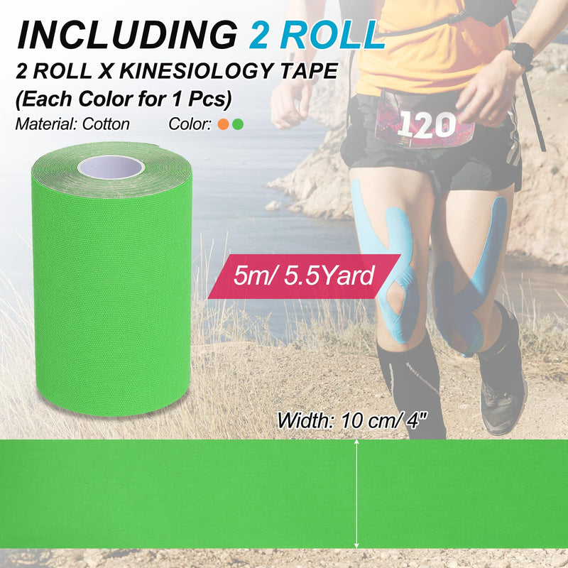 PATIKIL 16.4Ft x 4 Inch Kinesiology Tape, 2 Rolls Adhesive Cotton Sports Muscle Support Tapes Waterproof Elastic Tape for Knee Ankle Wrist Shoulder, Orange/Green