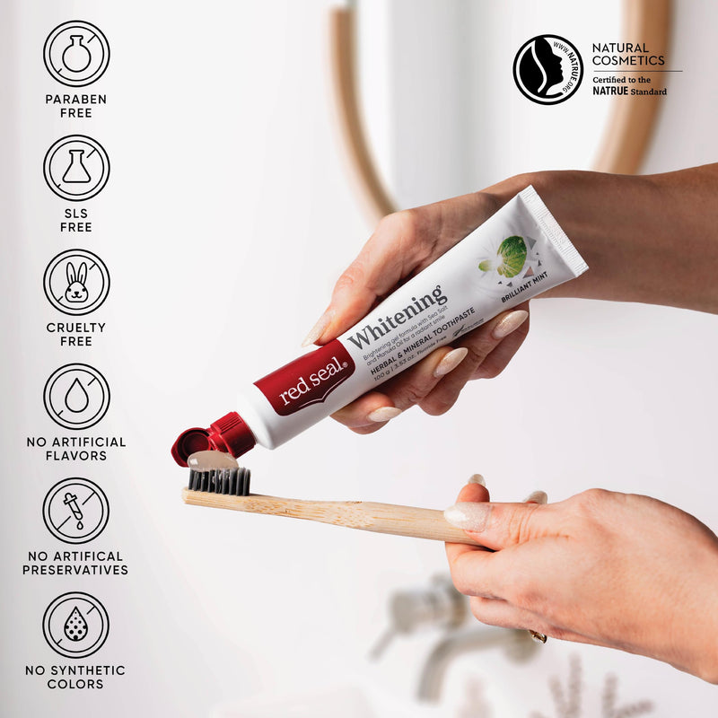 Red Seal Fluoride Free Whitening Toothpaste - Mint - Vegan Friendly, Cruelty Free, No Synthetic Colors or Artificial Flavors, NATRUE Certified Natural Ingredients, Paraben & SLS Free, 3.53 oz Natural Whitening