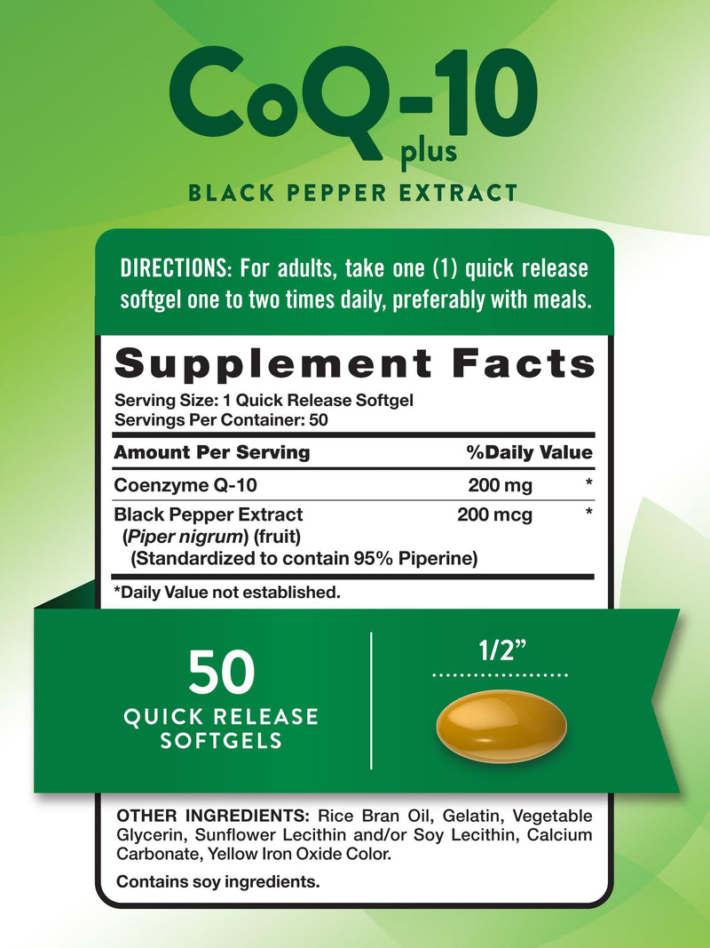 Nature's Truth CoQ10 200mg Softgels | 50 Count | Enhanced Absorption Supplement | Plus Black Pepper Extract | Non-GMO, Gluten Free 50 Count (Pack of 1)
