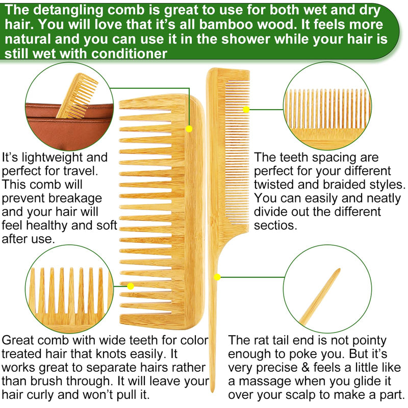 Bamboo Hair Brush Comb Set for Women, Wooden Paddle Detangling Brush for Thick Thin Curly Straight Wavy Fine Hair, Wide Tooth & Tail Comb Great for Wet or Dry Use, Hairbrush Cleaning Tool Included Large paddle hairbrush + Cleaner rake + 2 Comb