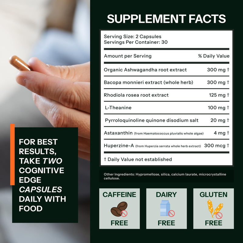 [Australia] - Natural Brain Support Supplement - Memory, Focus, Stress, Relaxation - Ashwagandha, L-theanine, Astaxanthin, Rhodiola, PQQ - 60 Cognitive Edge Capsules 