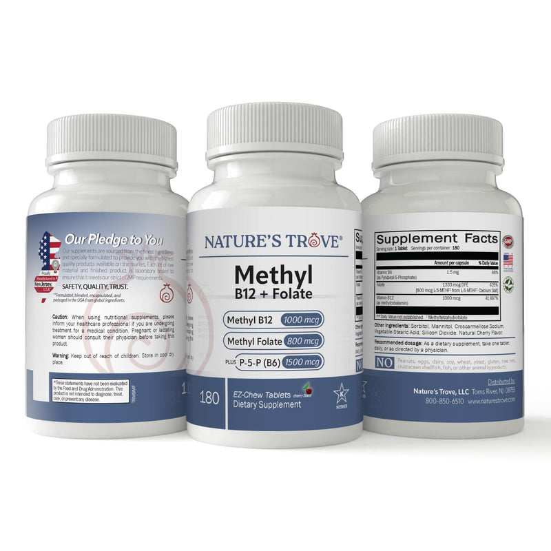 Nature's Trove Methyl B12 (1000mcg) + Folate L-5-MTHF (800mcg) with Vitamin B6 P5P - 180 EZ-Chew Tablets - Natural Cherry Flavor - Bioactive B-Vitamin Support - Vegan, Gluten-Free & Kosher