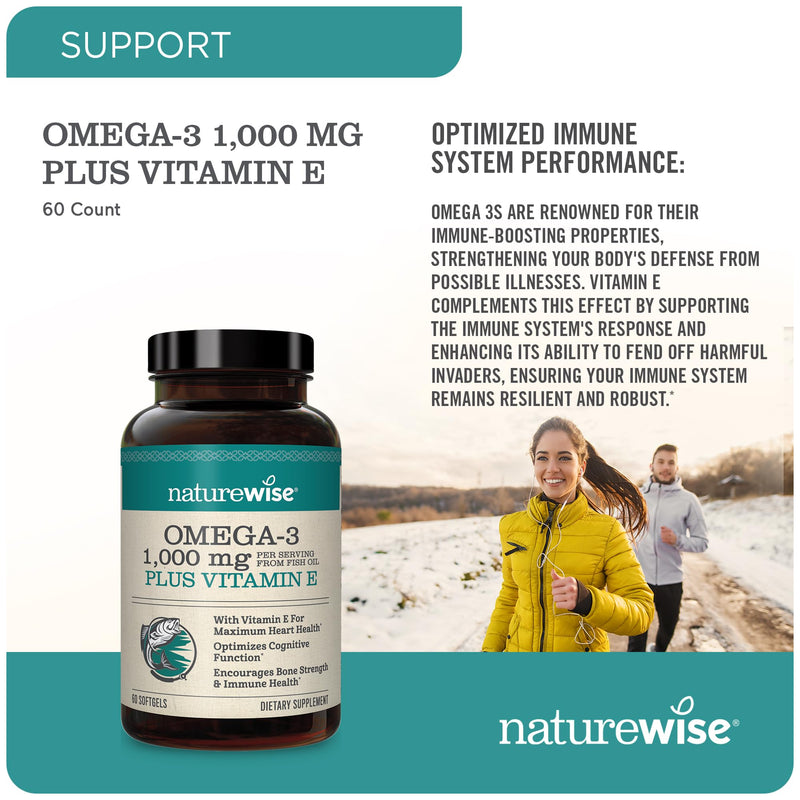 [Australia] - NatureWise Extra-Strength Omega 3 Fish Oil Supplement - 1000mg per Serving - 600 EPA & 400 DHA and Vitamin E - Support for Heart & Brain Health - Lemon Flavor, Non-GMO - 60 Softgels[1-Month Supply] 60 Count (Pack of 1) 