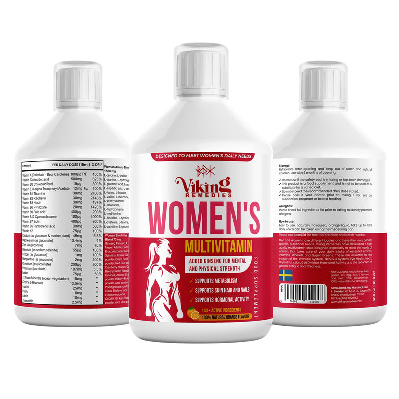 Women’s Multivitamin Liquid – 140+ Nutrients with Amino Acids, Biotin, Iron, B Vitamins, Ginseng – Skin, Hair, Energy & Hormone Support – Orange Flavour – 500ml