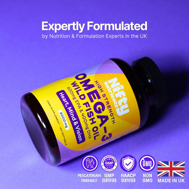 Omega 3 Capsules High Strength Pure Natural Wild Fish Oil Capsules | 2000mg High Strength Softgels | Providing a High Source of EPA & DHA | Made in the UK