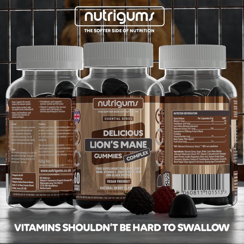 Lion's Mane Mushroom Gummies 2500mg High Strength | 60 Vegan Brain & Focus Supplements | with Vitamins & Black Pepper Extract | Mental Performance & Tiredness Support | Berry Flavour by NUTRIGUMS®