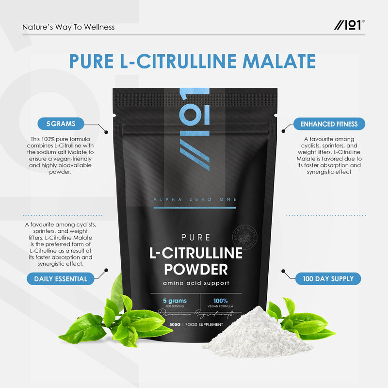 L-Citrulline Malate Powder 500g – Unflavoured – 5 Grams per Serving – Vegan Fermented Amino Acid – Resealable and Recyclable Pouch by Alpha01