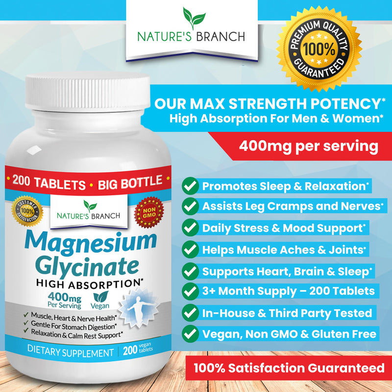 [Australia] - Magnesium Glycinate 400 mg - 200 Tablets - High Absorption, Non Buffered Bisglycinate Mag Supplement for Sleep, Leg Cramps, Heart, Ease Muscles, Calm Headaches for Women and Men, Non Powder Capsules 