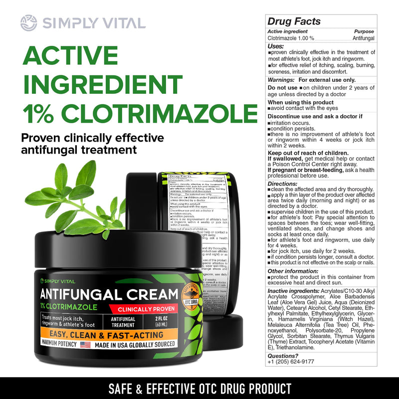 [Australia] - SimplyVital Antifungal Cream, Clotrimazole 1% - Made in USA Fast Acting OTC Cream - Relives Jock Itch, Ringworm and Athlete Foot - 2 oz 