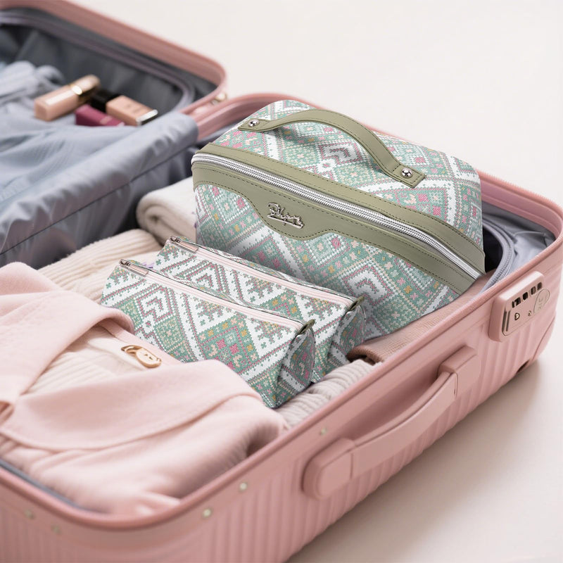 BOYATU Travel Makeup Bag Organizer: Boho Large Capacity Cosmetic Bag Sets | 3Pcs Waterproof Leather Toiletry Bags | 180°Open Flat Make up Case with Compartments | Western Travel Essentials for Women 17-Mint Green
