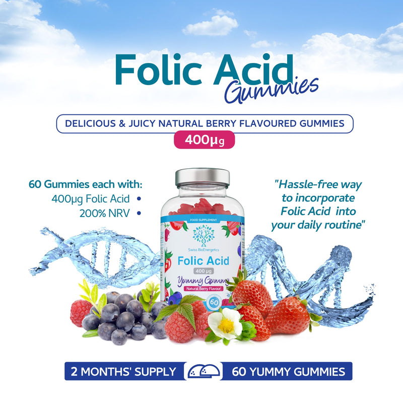 Folic Acid Gummies - 400μg, 60 Natural Berry Flavoured & Vegan Gummies - High Strength Vitamin B9 Folic Acid Pregnancy Support Prenatal Vitamin - No Artificial Sweeteners or Flavours – UK Made 60 Gummies