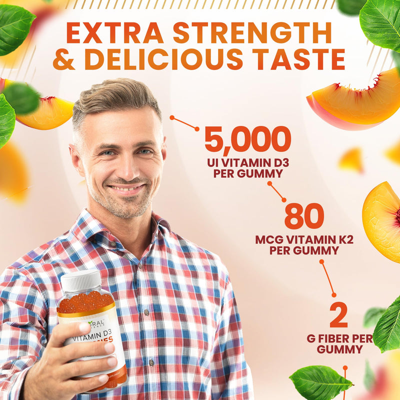 Vitamin D3 10000 IU & Vitamin K2 Gummies - Extra Strength, Sugar-Free, High Absorption - Bone, Joint, Immune, Heart, Brain & Mood Support - Non-GMO, Gluten-Free, Fiber-Based with Prebiotics, 30 Count 30 Count (Pack of 1)