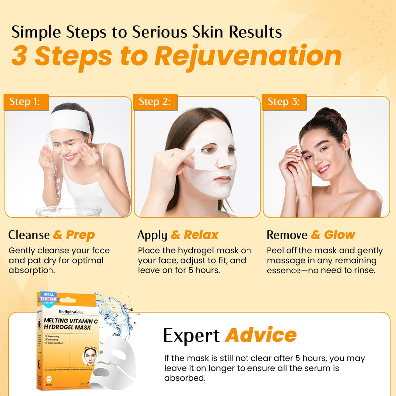 Vitamin C Face Mask – Overnight Hydrogel Care for Dark Spots, Fine Lines & Dry Skin – Dermatologist Tested, Anti-Aging, Korean Skin Care – Clean Beauty, Glass Skin Glow – Pack of 10 Vitamin C (Pack of 10)