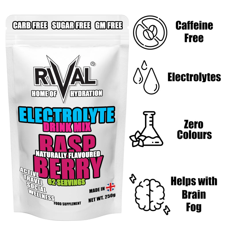Rival Electrolyte Powder 250g Rapid Rehydration Naturally Flavoured, Sugar Free, Zero Carbs, Vegan, Keto Friendly - 62 Servings Made in The UK | Raspberry