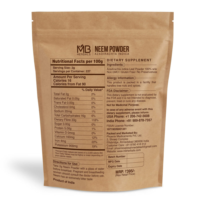 [Australia] - MB Herbals Pure Neem Powder 1 Pound | 16 Oz | 454 Gram | Wild Crafted Neem Leaf Powder | Very Bitter Neem Supplement for Skin Hair and Detox | Azadirachta Indica 