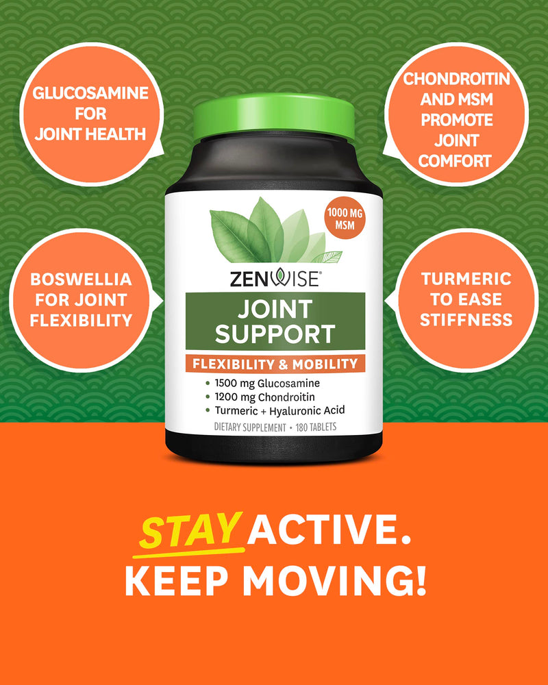 [Australia] - Zenwise Health Glucosamine Chondroitin MSM - Joint Support Supplement with Turmeric for Hands, Back, Knee, and Joint Health, Advanced Relief for Bone and Joint Flexibility and Mobility - 180 Capsules 180 Count (Pack of 1) 