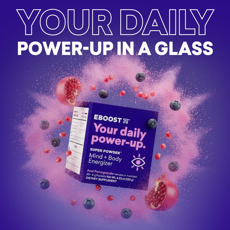 EBOOST SUPER POWDER Drink Mix - Acai Pomegranate 0.2 oz 20 Pack Hydration Energizer Electrolytes Powder - 13 Vitamins & Minerals - 110 mg Caffeine - 0 Added Sugar - No Artificial Flavors or Sweeteners 20 Servings (Pack of 20)