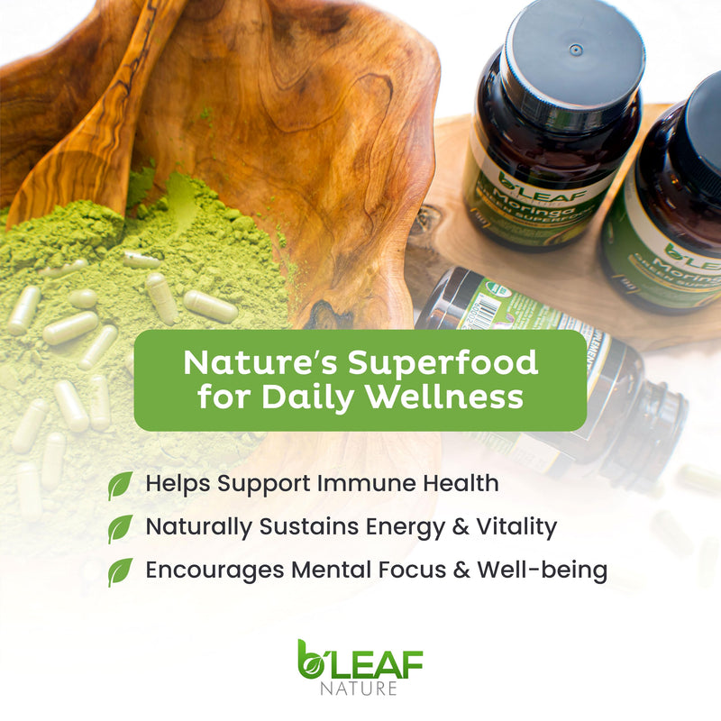 B'LEAF NATURE Moringa Leaf Vegan Capsules 1000mg Servings, 90 Count | Pure Moringa Oleifera Leaf Powder, Energy & Immune Support, Non-GMO Gluten Free Vegan, Superfood 90 Count (Pack of 1)