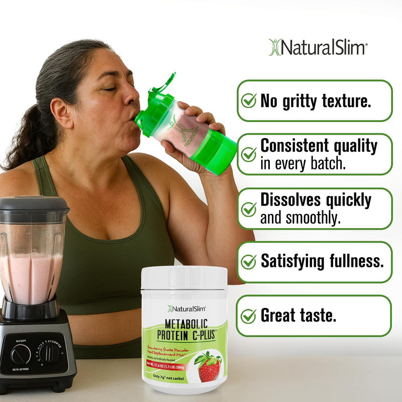 NaturalSlim Metabolic Protein C-Plus, Strawberry, 1.1 lb | Whey Protein Powder and Shake, Vitamin C, L-Glutamine and Digestive Enzymes, Support Metabolism, Energy and Gut Health Strawberry C Plus