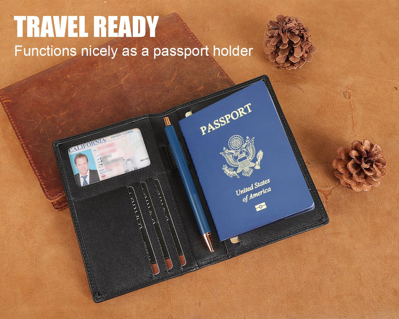 STAR VISTA Luciano Leather Pocket Journal Cover for 3.5" x 5.5" Field Notes or Moleskine Cahier, Travel Passport Wallet with RFID Blocking, 6 Card Slots, 2 Notebooks & Pen Included, Black
