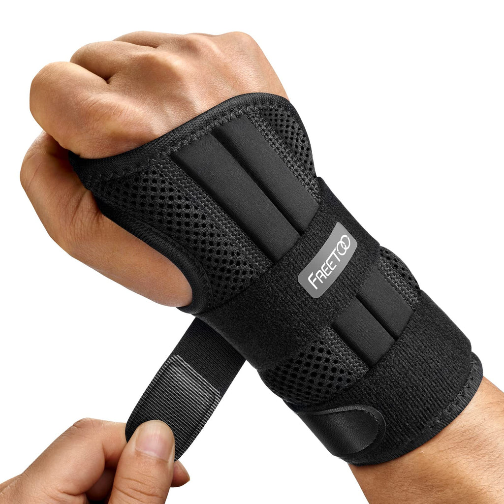 FREETOO Wrist Brace for Carpal Tunnel Relief Night Support , Maximum Support with 3 Stays Women Men Adjustable Splint Right Left Hands Tendonitis, Arthritis Sprains, Black (Right Hand, S/M) Black S/M(Wrist size：5.1"-7.9")