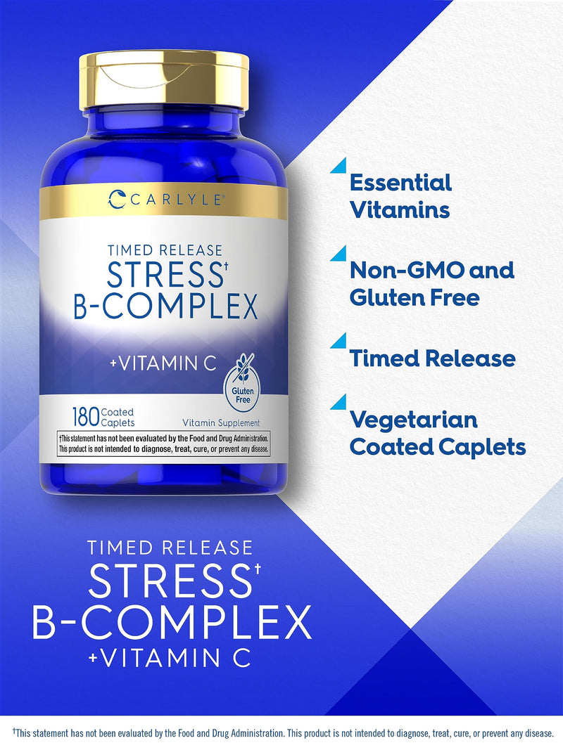 Carlyle Stress B Complex with Vitamin C | 180 Caplets | With B6, B12, Folate, Biotin | Vegetarian, Non-GMO & Gluten Free Supplement