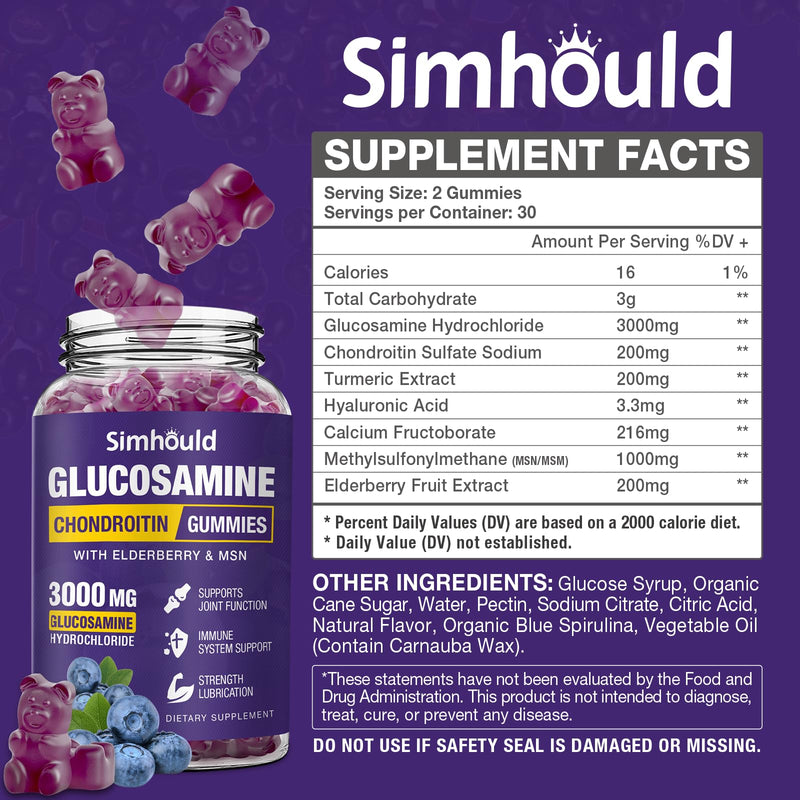 [Australia] - 2 Packs Glucosamine Chondroitin Gummies - 3000MG Extra Strength Joint Support Supplement with MSM & Elderberry, Flexibility, Antioxidant Immune Support Gummy for Adults, Men & Women 60 Count (Pack of 2) 