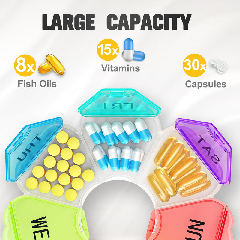 Enlarged Weekly Pill Organizer 7 Day, Daily Pill Box with Never Faded Etched 3D Date Labels, Travel Pill Case with Large Compartment for Medication, Vitamin, Fish Oil, Supplements(Rainbow) Rainbow
