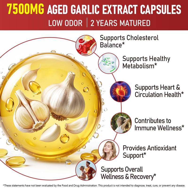 Aged Garlic Extract | 120 Softgels | 24 Months Aged Garlic Capsules | Aged Garlic Extract 7,500mg Odorless| Non-GMO, Gluten-Free | for Men and Women