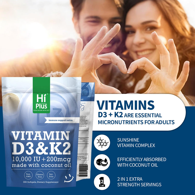 Vitamin D3 10,000 IU + K2 200 mcg, 300 Softgels | Coconut Oil | 2-in-1 Bone, Immune & Heart Support | Easy to Swallow, Non-GMO 300 Count (Pack of 1)