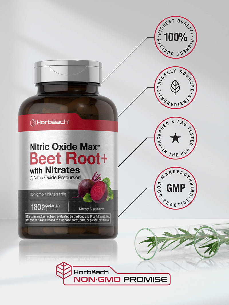 Horbäach Nitric Oxide Beet Root Capsules and Precursor | with Nitrates | 180 Count | Vegetarian, Non-GMO, Gluten Free Supplement